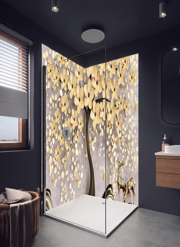 Duschrückwand - Abstrakte Baum Struktur in hellem Badezimmer mit Regenduschkopf  - zweiteilige Eck-Duschrückwand