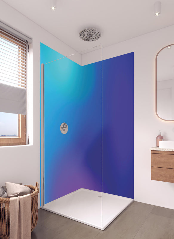 Duschrückwand - Abstrakte Blau-Lila Farbkomposition in hellem Badezimmer mit Regenduschkopf  - zweiteilige Eck-Duschrückwand