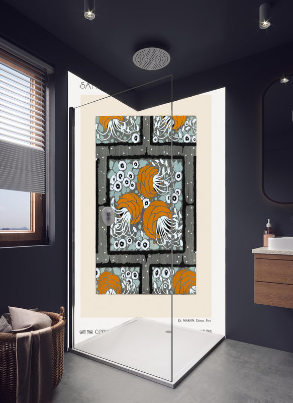 Duschrückwand - Abstrakte Blumentöpfe in hellem Badezimmer mit Regenduschkopf  - zweiteilige Eck-Duschrückwand