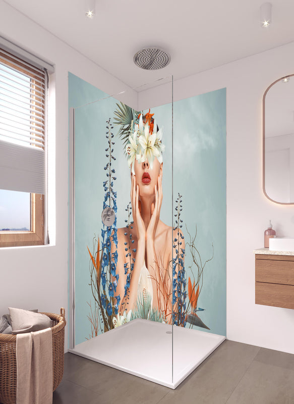 Duschrückwand - Abstrakte Darstellung einer jungen Frau in hellem Badezimmer mit Regenduschkopf  - zweiteilige Eck-Duschrückwand