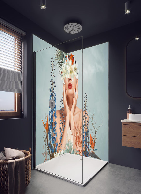Duschrückwand - Abstrakte Darstellung einer jungen Frau in hellem Badezimmer mit Regenduschkopf  - zweiteilige Eck-Duschrückwand