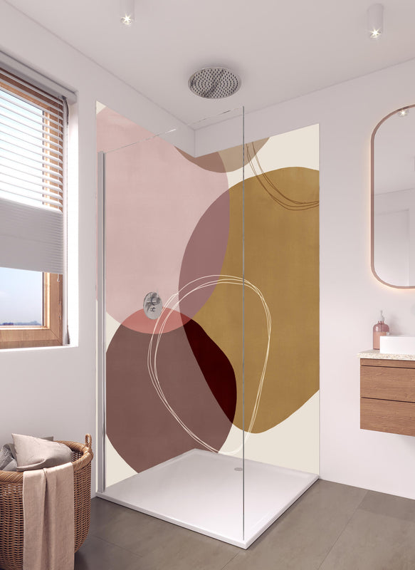 Duschrückwand - Abstrakte Geometrie in sanften Pastellfarben in hellem Badezimmer mit Regenduschkopf  - zweiteilige Eck-Duschrückwand