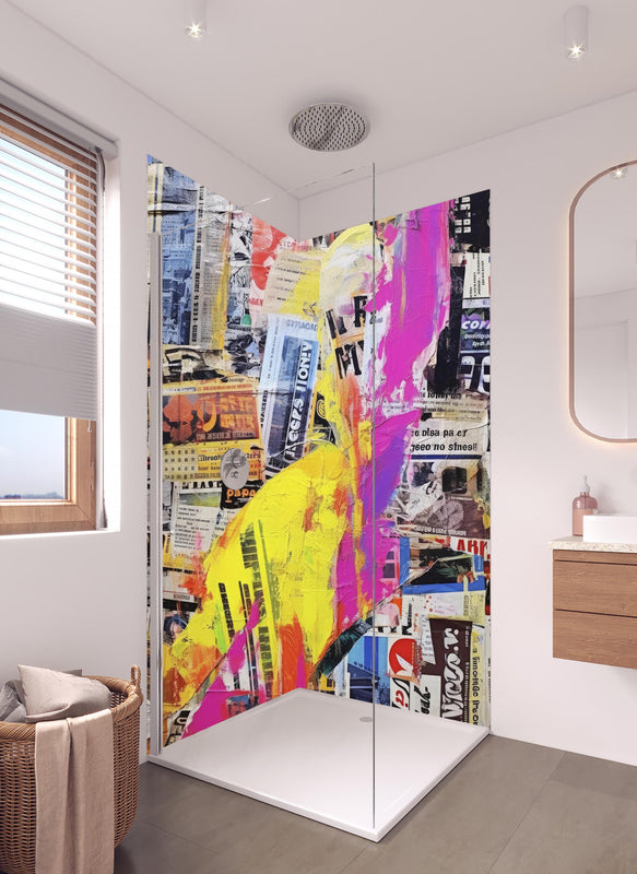Duschrückwand - Abstrakte Kunst Collage mit kräftigen Farben in hellem Badezimmer mit Regenduschkopf  - zweiteilige Eck-Duschrückwand