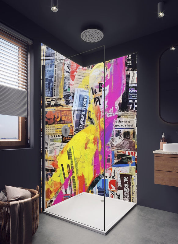 Duschrückwand - Abstrakte Kunst Collage mit kräftigen Farben in hellem Badezimmer mit Regenduschkopf  - zweiteilige Eck-Duschrückwand