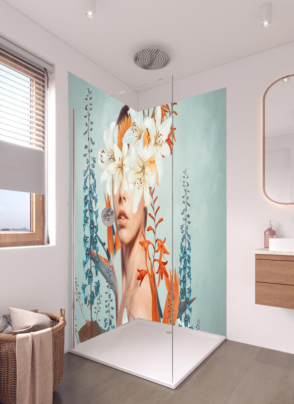 Duschrückwand - Abstrakte Kunstcollage einer jungen Frau in hellem Badezimmer mit Regenduschkopf  - zweiteilige Eck-Duschrückwand