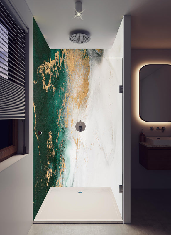 Duschrückwand - Abstrakte Marmor Textur - Flüssigmalerei in hellem Badezimmer mit Regenduschkopf  - zweiteilige Eck-Duschrückwand