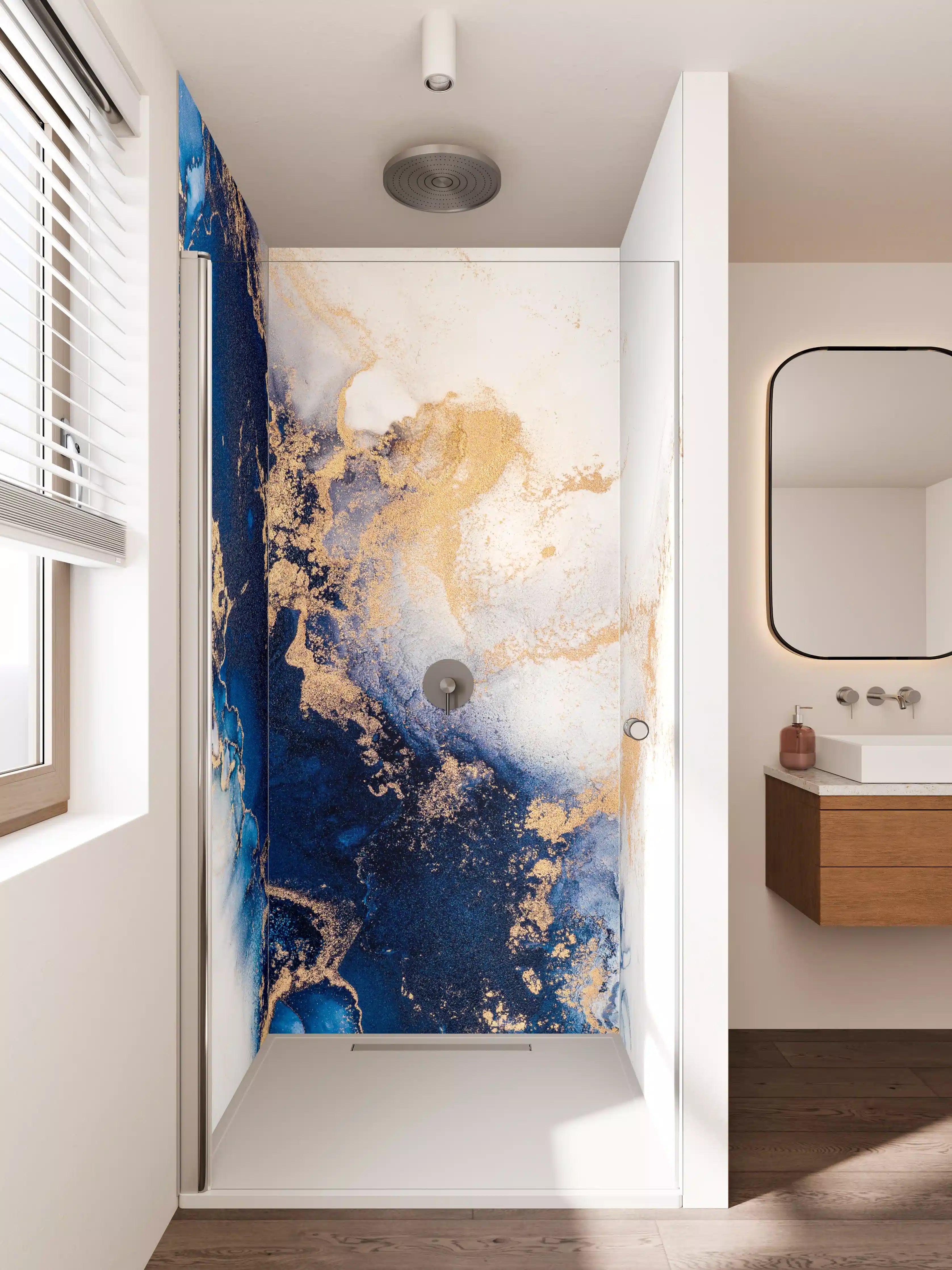 Duschrückwand - Abstrakte Marmortinte in Blau-Gold