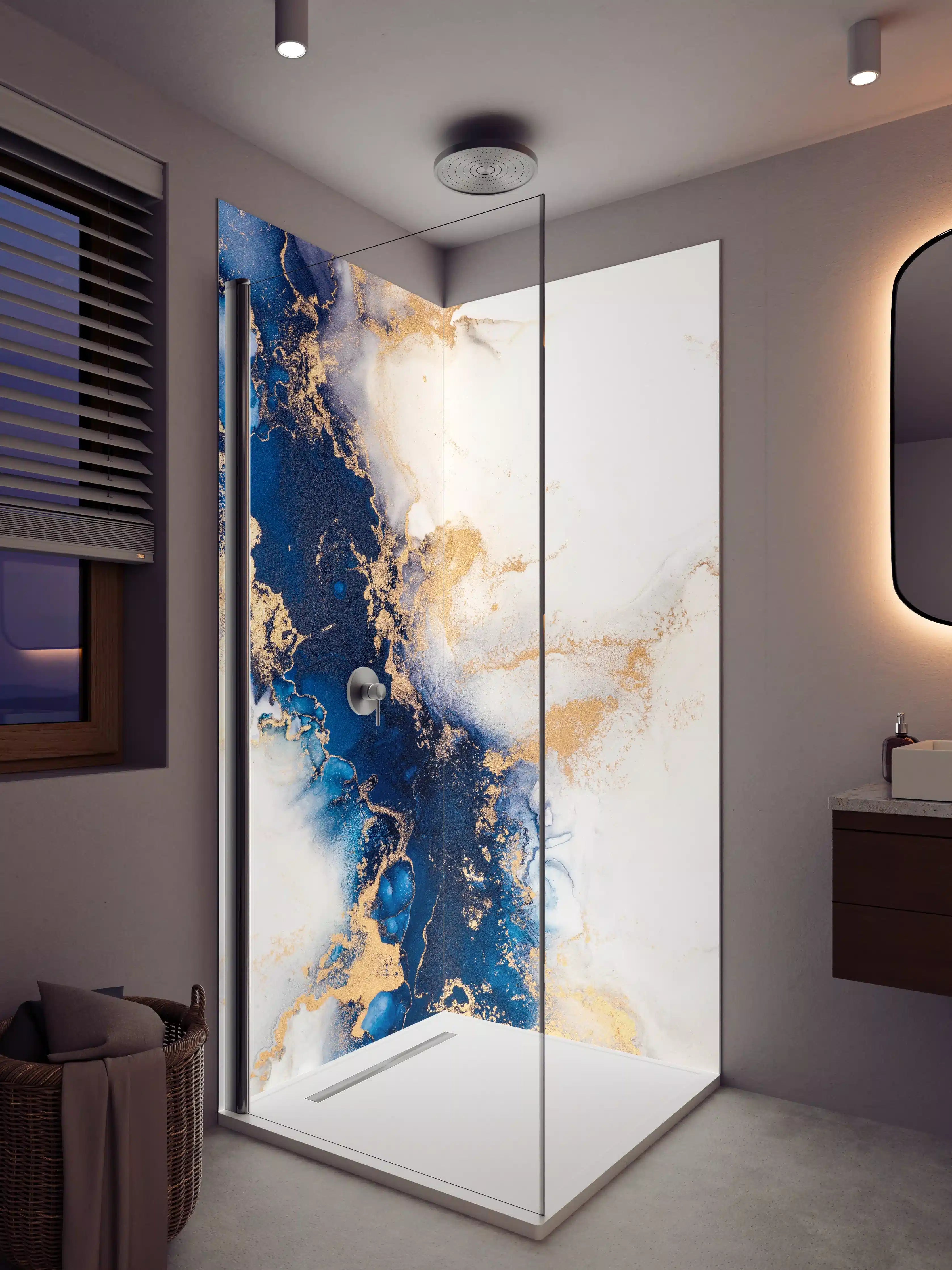 Duschrückwand - Abstrakte Marmortinte in Blau-Gold