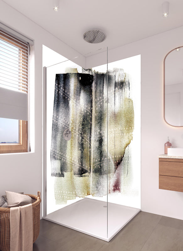 Duschrückwand - Abstrakte Muster in Weiß und Grautönen in hellem Badezimmer mit Regenduschkopf  - zweiteilige Eck-Duschrückwand