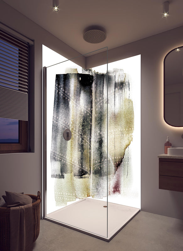 Duschrückwand - Abstrakte Muster in Weiß und Grautönen in hellem Badezimmer mit Regenduschkopf  - zweiteilige Eck-Duschrückwand