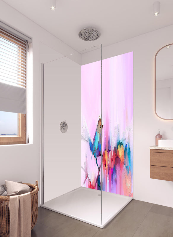 Duschrückwand - Abstrakte Öl - Malerei in hellem Badezimmer mit Regenduschkopf  - zweiteilige Eck-Duschrückwand