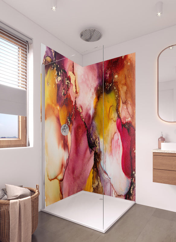 Duschrückwand - Abstrakte Tintentextur - Flüssigkunst in hellem Badezimmer mit Regenduschkopf  - zweiteilige Eck-Duschrückwand