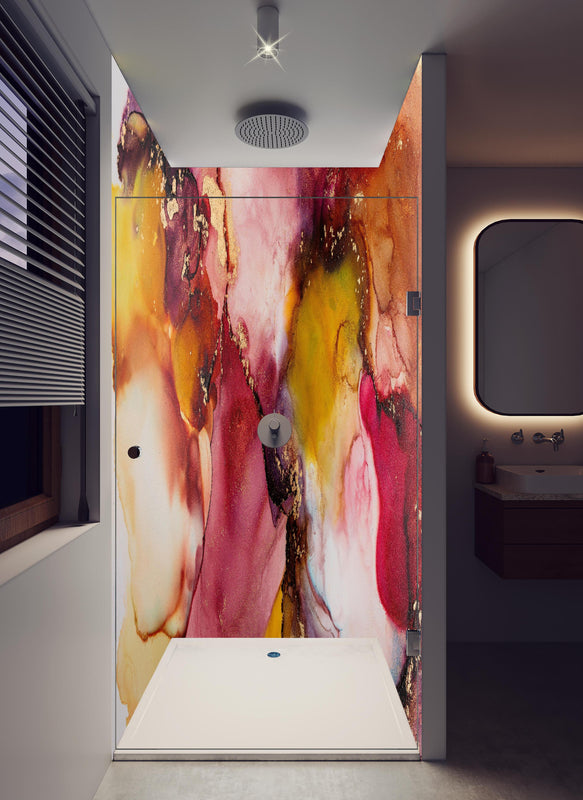Duschrückwand - Abstrakte Tintentextur - Flüssigkunst in hellem Badezimmer mit Regenduschkopf  - zweiteilige Eck-Duschrückwand