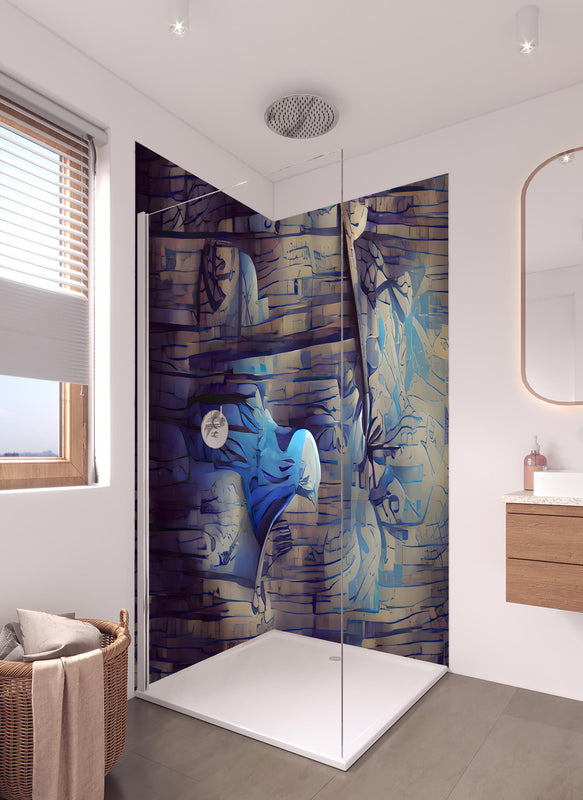 Duschrückwand - Abstrakte blaue Holztextur in hellem Badezimmer mit Regenduschkopf  - zweiteilige Eck-Duschrückwand