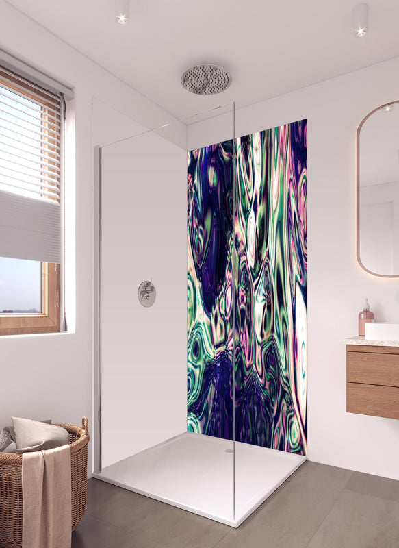 Duschrückwand - Abstrakte bunte Acrylfarbe in hellem Badezimmer mit Regenduschkopf  - zweiteilige Eck-Duschrückwand