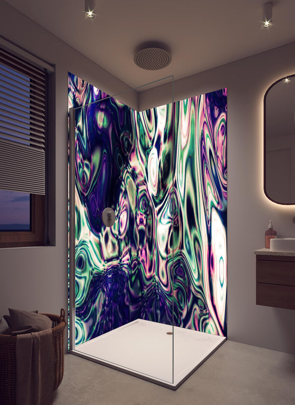Duschrückwand - Abstrakte bunte Acrylfarbe in hellem Badezimmer mit Regenduschkopf  - zweiteilige Eck-Duschrückwand