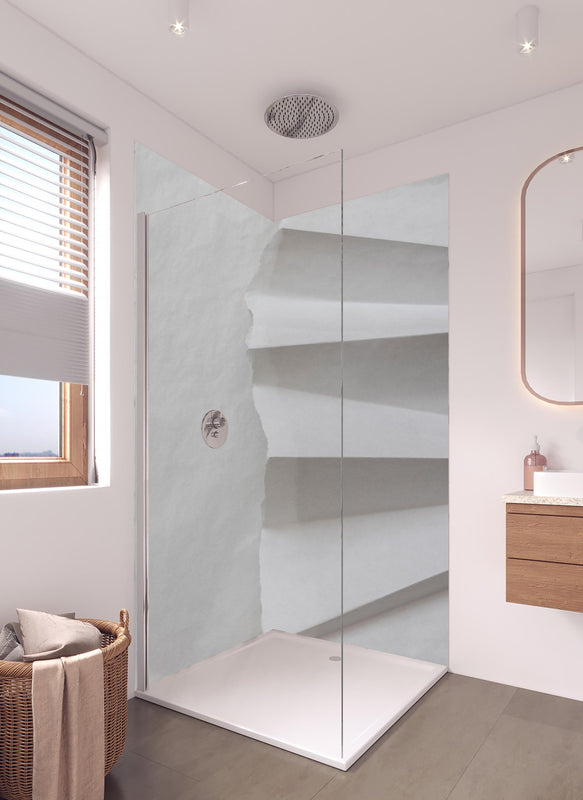 Duschrückwand - Abstrakte weiβe Papierkunst mit Grautönen in hellem Badezimmer mit Regenduschkopf  - zweiteilige Eck-Duschrückwand