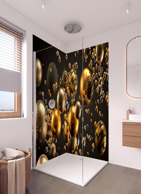 Duschrückwand - Abstrakter Hintergrund mit Bällen in hellem Badezimmer mit Regenduschkopf  - zweiteilige Eck-Duschrückwand