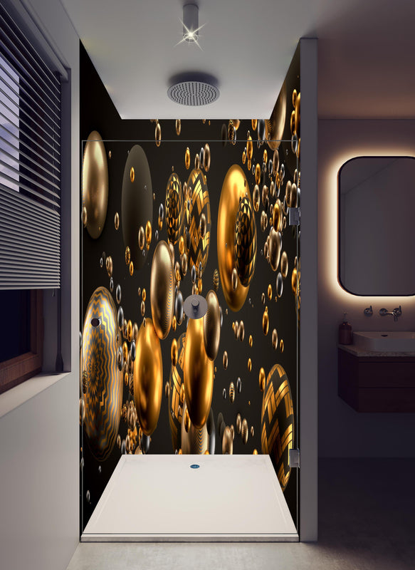Duschrückwand - Abstrakter Hintergrund mit Bällen in hellem Badezimmer mit Regenduschkopf  - zweiteilige Eck-Duschrückwand