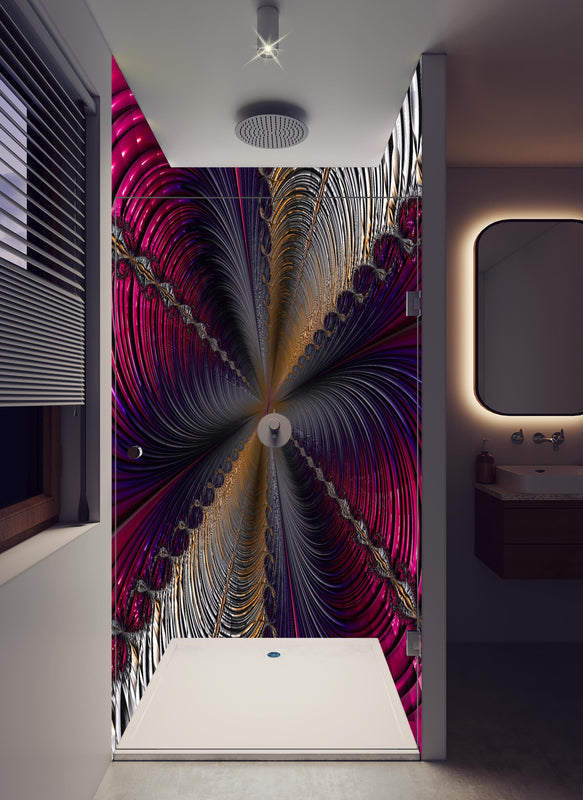 Duschrückwand - Abstrakter lila Tunnelblick in hellem Badezimmer mit Regenduschkopf  - zweiteilige Eck-Duschrückwand