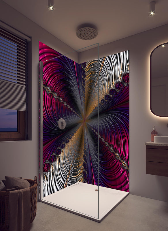 Duschrückwand - Abstrakter lila Tunnelblick in hellem Badezimmer mit Regenduschkopf  - zweiteilige Eck-Duschrückwand