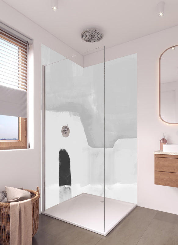 Duschrückwand - Abstraktes Gemälde - Pinselstriche in hellem Badezimmer mit Regenduschkopf  - zweiteilige Eck-Duschrückwand