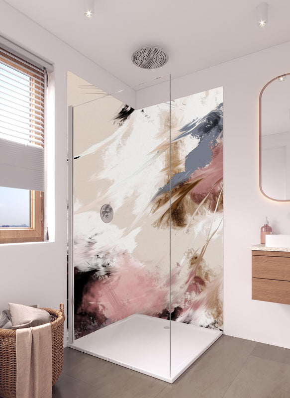 Duschrückwand - Abstraktes Gemälde - Wolken Muster in hellem Badezimmer mit Regenduschkopf  - zweiteilige Eck-Duschrückwand