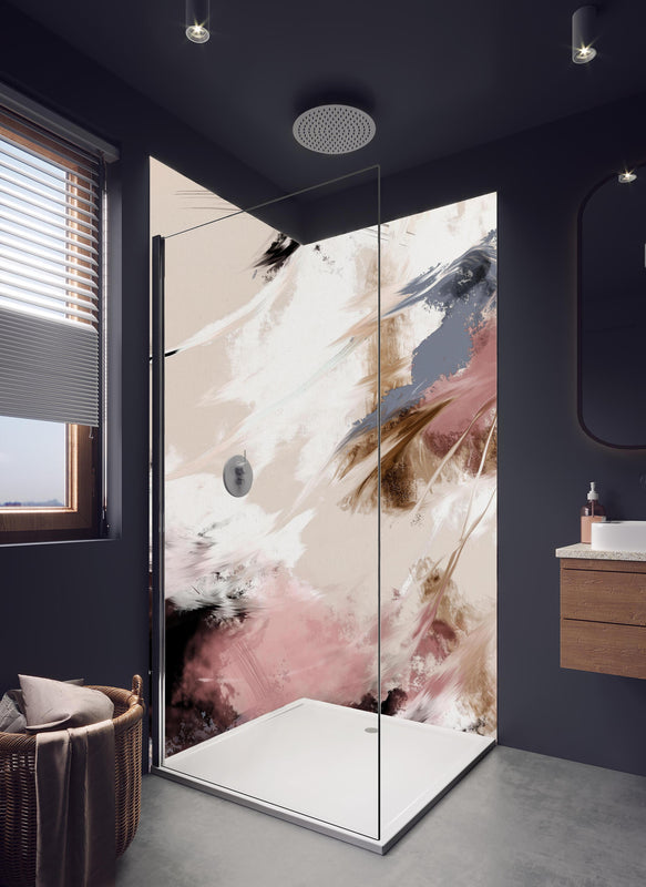 Duschrückwand - Abstraktes Gemälde - Wolken Muster in hellem Badezimmer mit Regenduschkopf  - zweiteilige Eck-Duschrückwand