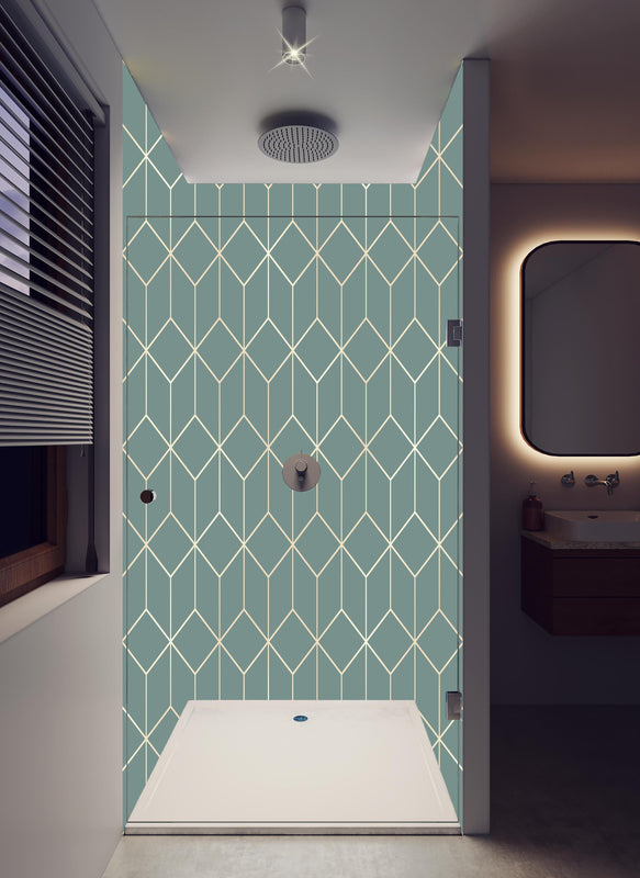 Duschrückwand - Abstraktes Geometrisch Grau Design Muster in hellem Badezimmer mit Regenduschkopf  - zweiteilige Eck-Duschrückwand