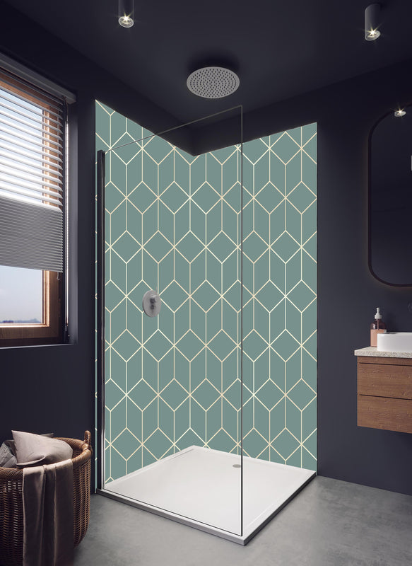 Duschrückwand - Abstraktes Geometrisch Grau Design Muster in hellem Badezimmer mit Regenduschkopf  - zweiteilige Eck-Duschrückwand