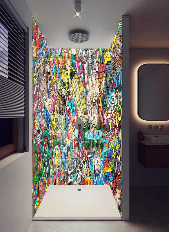 Duschrückwand - Abstraktes Grafitti-Muster in hellem Badezimmer mit Regenduschkopf  - zweiteilige Eck-Duschrückwand