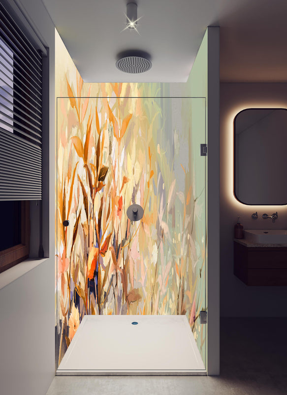 Duschrückwand - Abstraktes Ölgemälde von bunten Blumen in hellem Badezimmer mit Regenduschkopf  - zweiteilige Eck-Duschrückwand