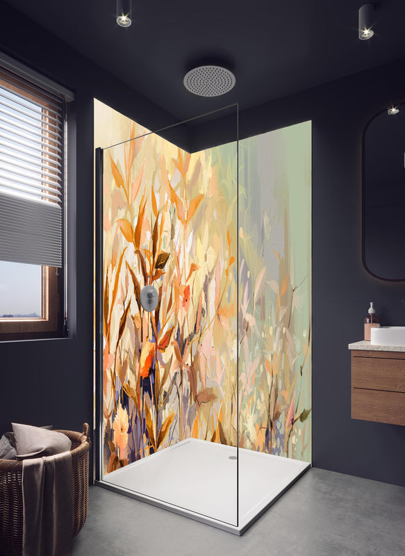 Duschrückwand - Abstraktes Ölgemälde von bunten Blumen in hellem Badezimmer mit Regenduschkopf  - zweiteilige Eck-Duschrückwand