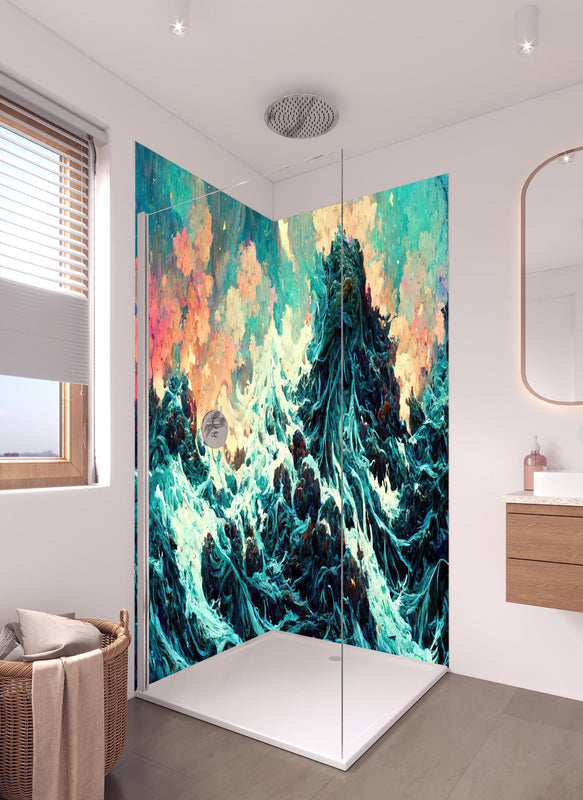 Duschrückwand - Abstraktes Wellen Gemälde in hellem Badezimmer mit Regenduschkopf  - zweiteilige Eck-Duschrückwand