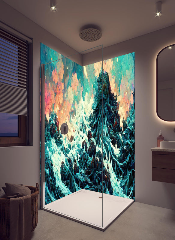 Duschrückwand - Abstraktes Wellen Gemälde in hellem Badezimmer mit Regenduschkopf  - zweiteilige Eck-Duschrückwand