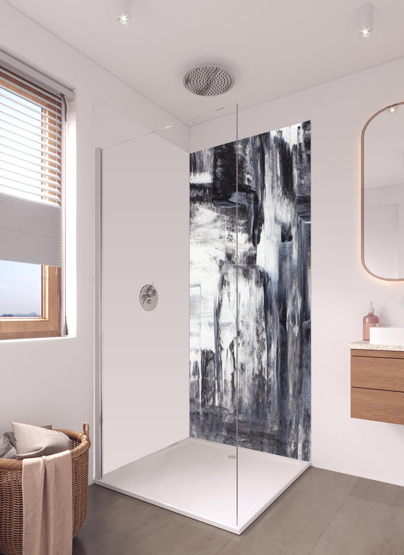 Duschrückwand - Acryl Gemälde - Schwarz-weiß in hellem Badezimmer mit Regenduschkopf  - zweiteilige Eck-Duschrückwand
