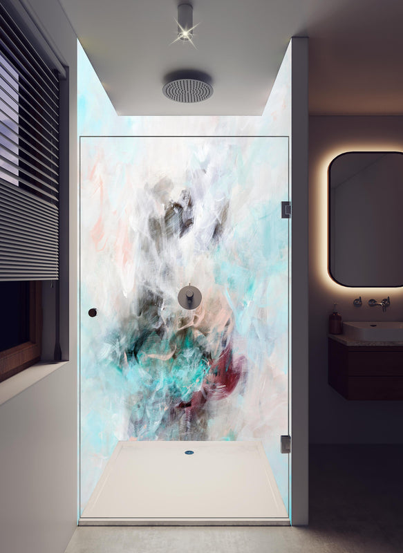 Duschrückwand - Acryl Zeichnung - Gemälde in hellem Badezimmer mit Regenduschkopf  - zweiteilige Eck-Duschrückwand