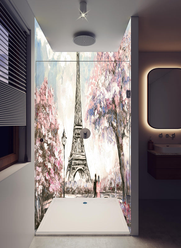 Duschrückwand - Acrylgemälde eines Paares in Paris in hellem Badezimmer mit Regenduschkopf  - zweiteilige Eck-Duschrückwand