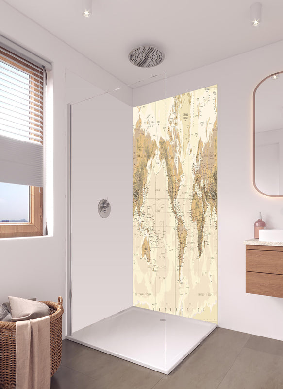 Duschrückwand - Antike Weltkarte Amerika-zentriert Braun in hellem Badezimmer mit Regenduschkopf  - zweiteilige Eck-Duschrückwand