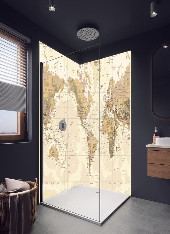 Duschrückwand - Antike Weltkarte Amerika-zentriert Braun in hellem Badezimmer mit Regenduschkopf  - zweiteilige Eck-Duschrückwand