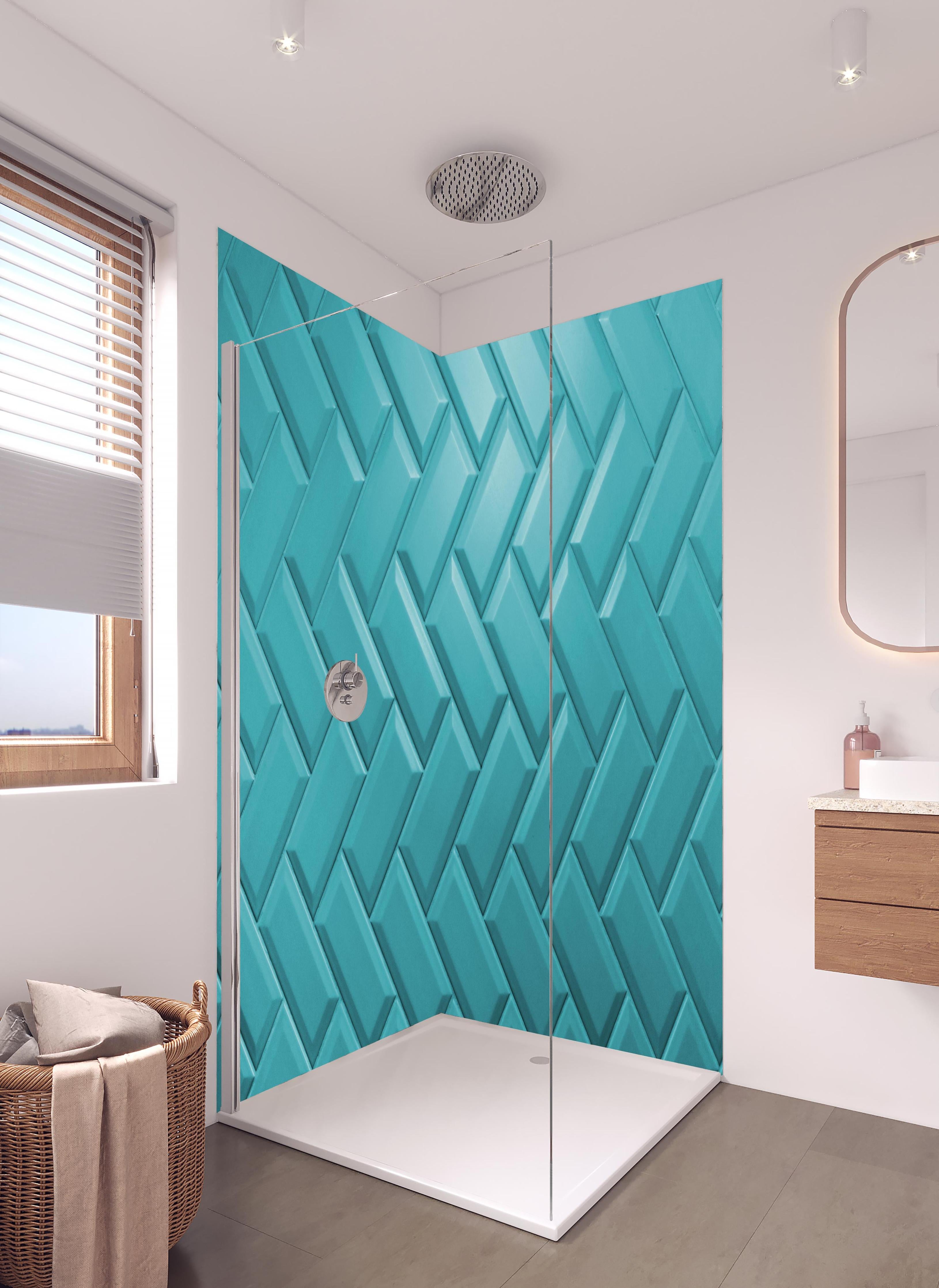 Duschrückwand - Aqua Matte Keramikfliesen in hellem Badezimmer mit Regenduschkopf  - zweiteilige Eck-Duschrückwand