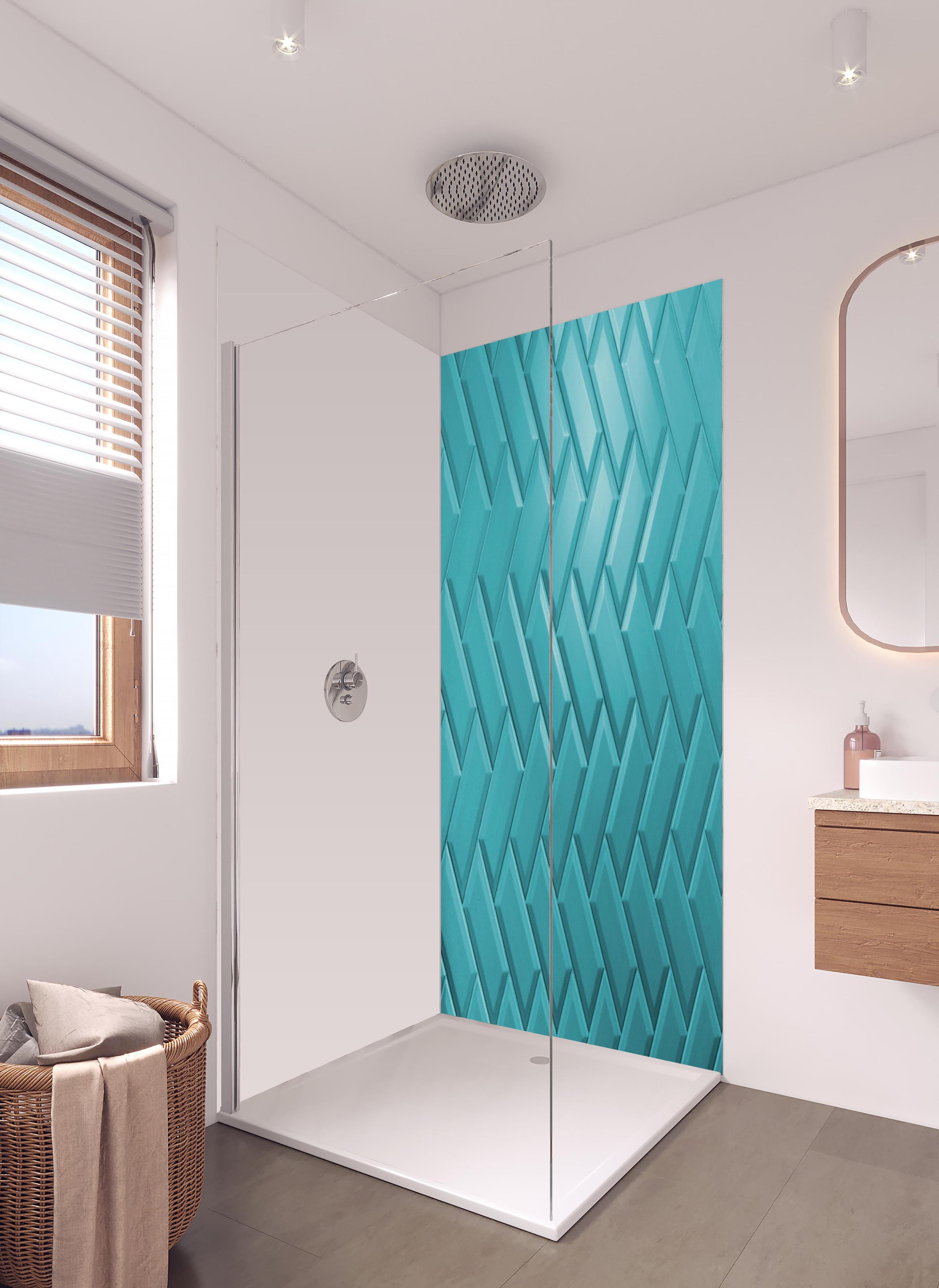 Duschrückwand - Aqua Matte Keramikfliesen in hellem Badezimmer mit Regenduschkopf  - zweiteilige Eck-Duschrückwand