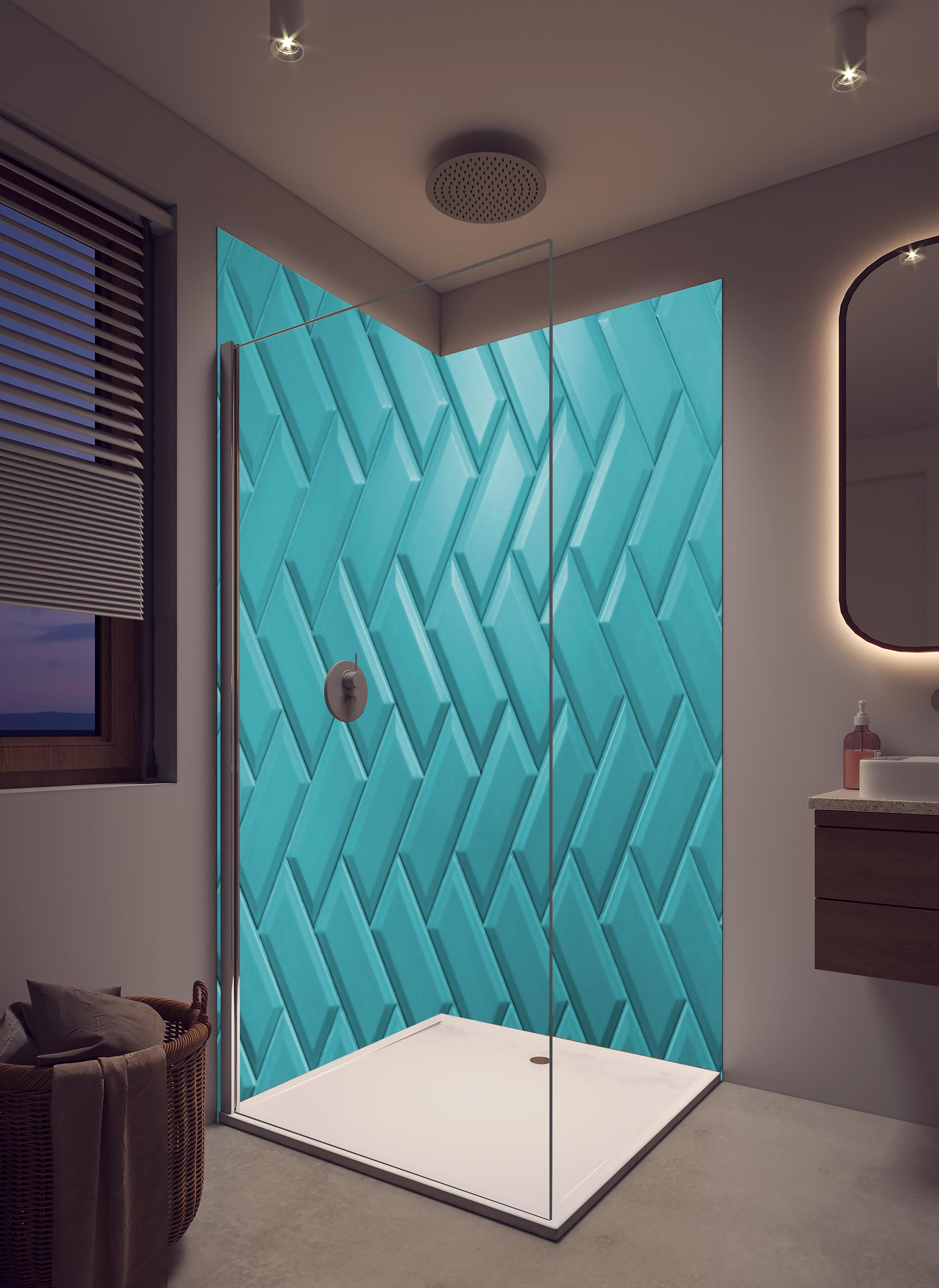 Duschrückwand - Aqua Matte Keramikfliesen in hellem Badezimmer mit Regenduschkopf  - zweiteilige Eck-Duschrückwand