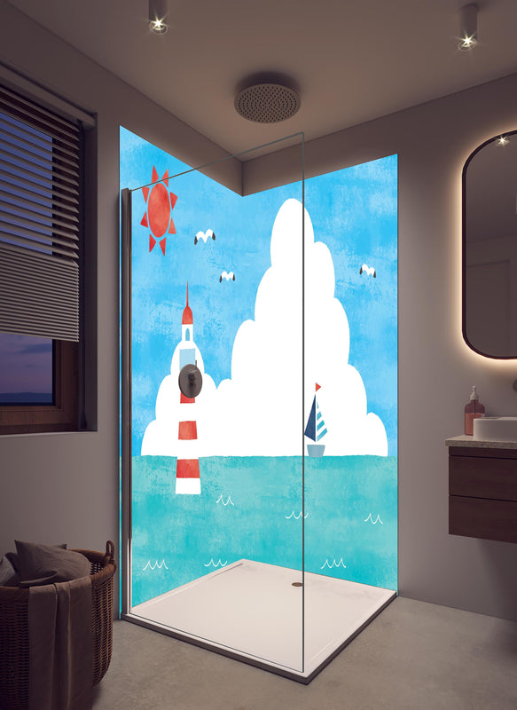 Duschrückwand - Aquarell-Leuchtturm mit Segelboot Motiv in hellem Badezimmer mit Regenduschkopf  - zweiteilige Eck-Duschrückwand