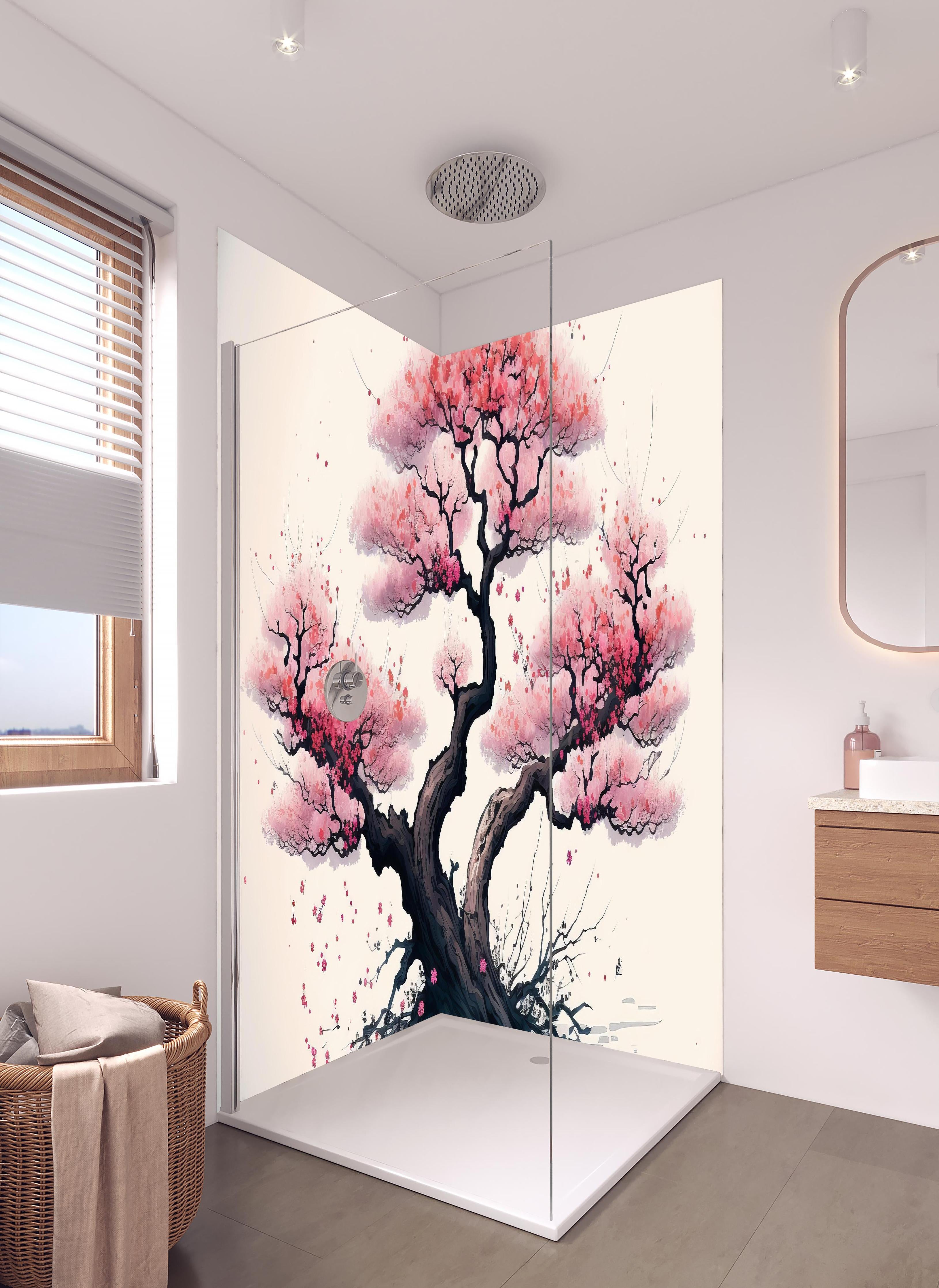 Duschrückwand - Aquarell Sakura Baum in Blüte in hellem Badezimmer mit Regenduschkopf  - zweiteilige Eck-Duschrückwand