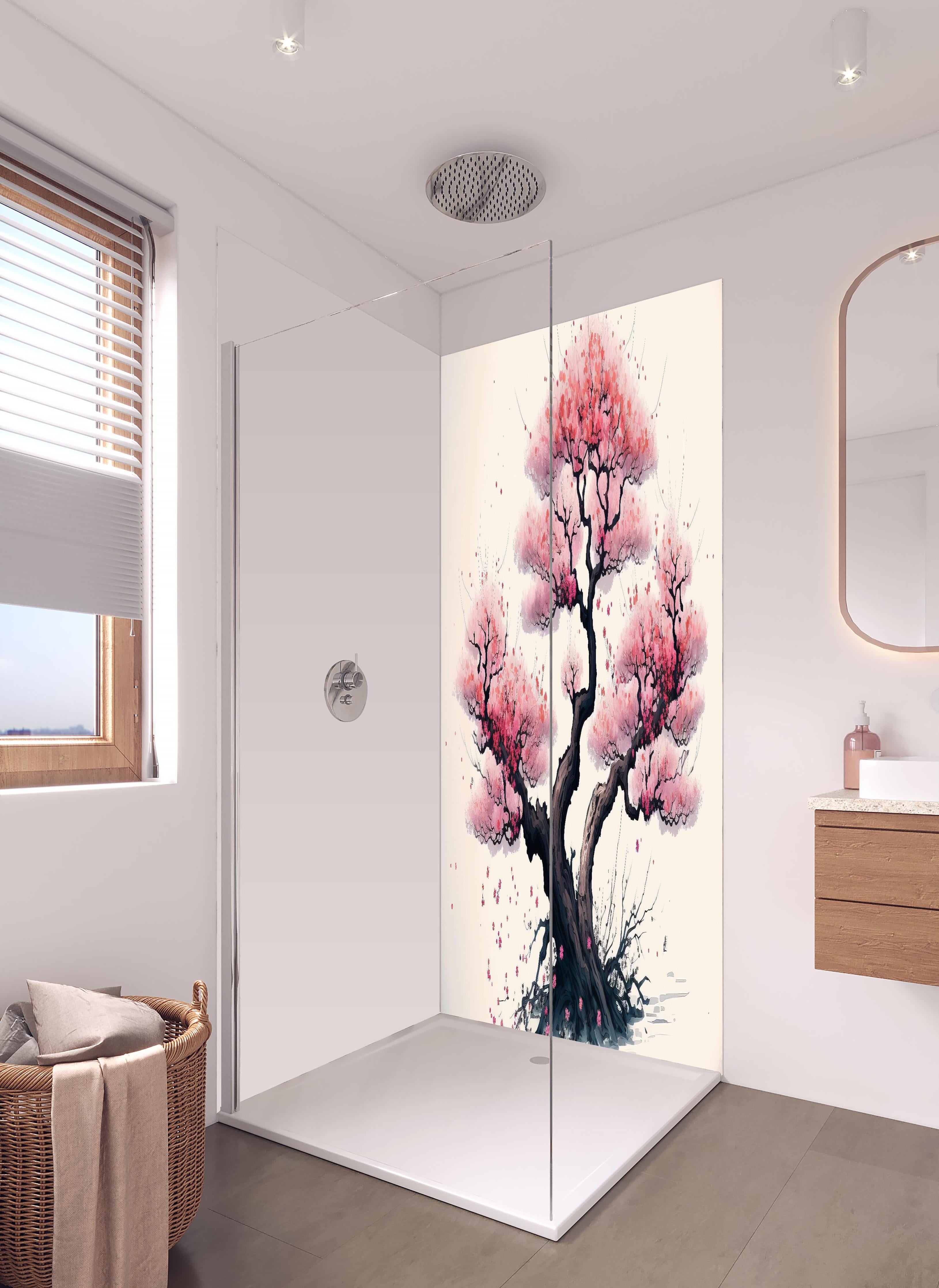 Duschrückwand - Aquarell Sakura Baum in Blüte in hellem Badezimmer mit Regenduschkopf  - zweiteilige Eck-Duschrückwand