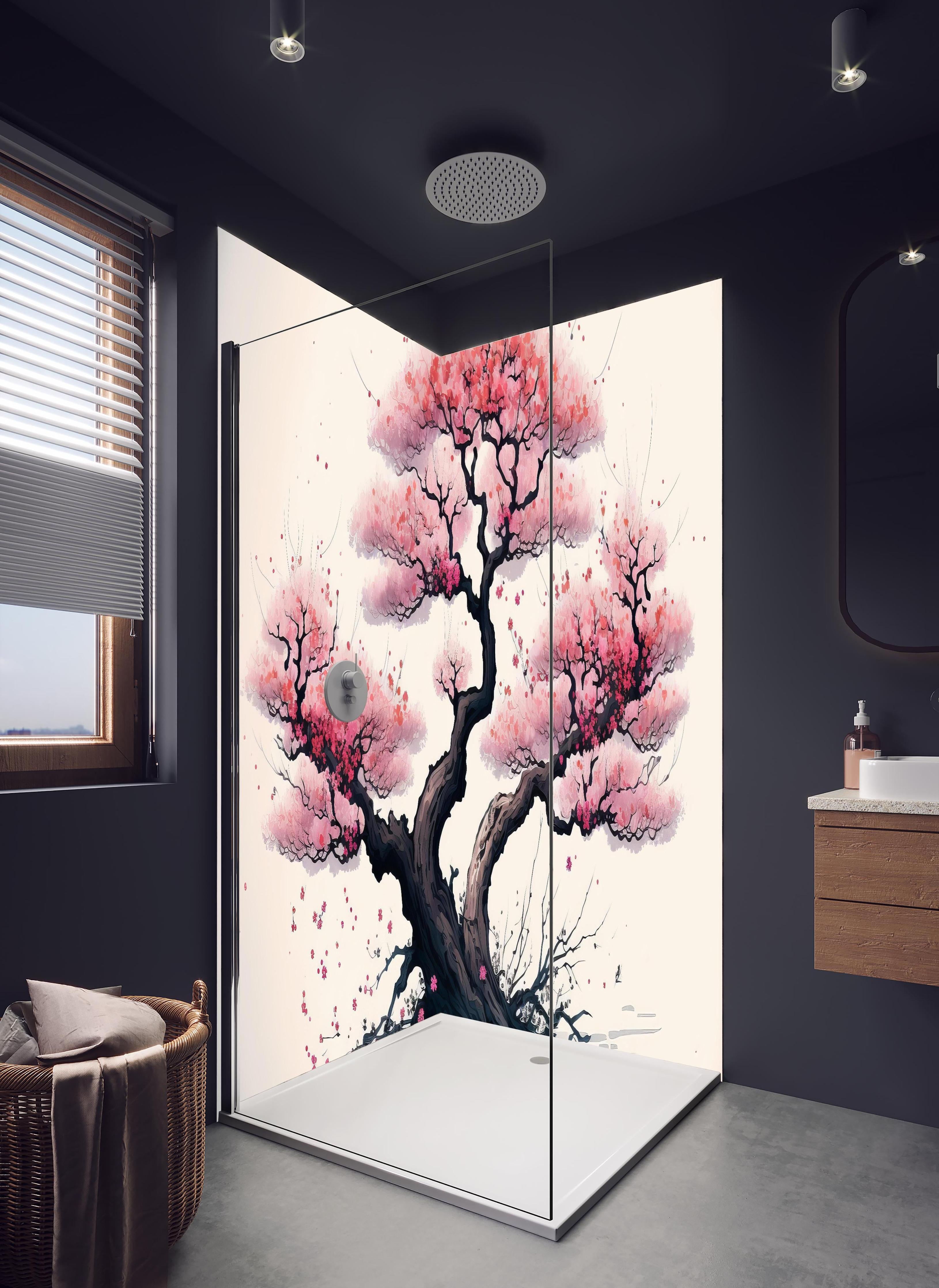 Duschrückwand - Aquarell Sakura Baum in Blüte in hellem Badezimmer mit Regenduschkopf  - zweiteilige Eck-Duschrückwand