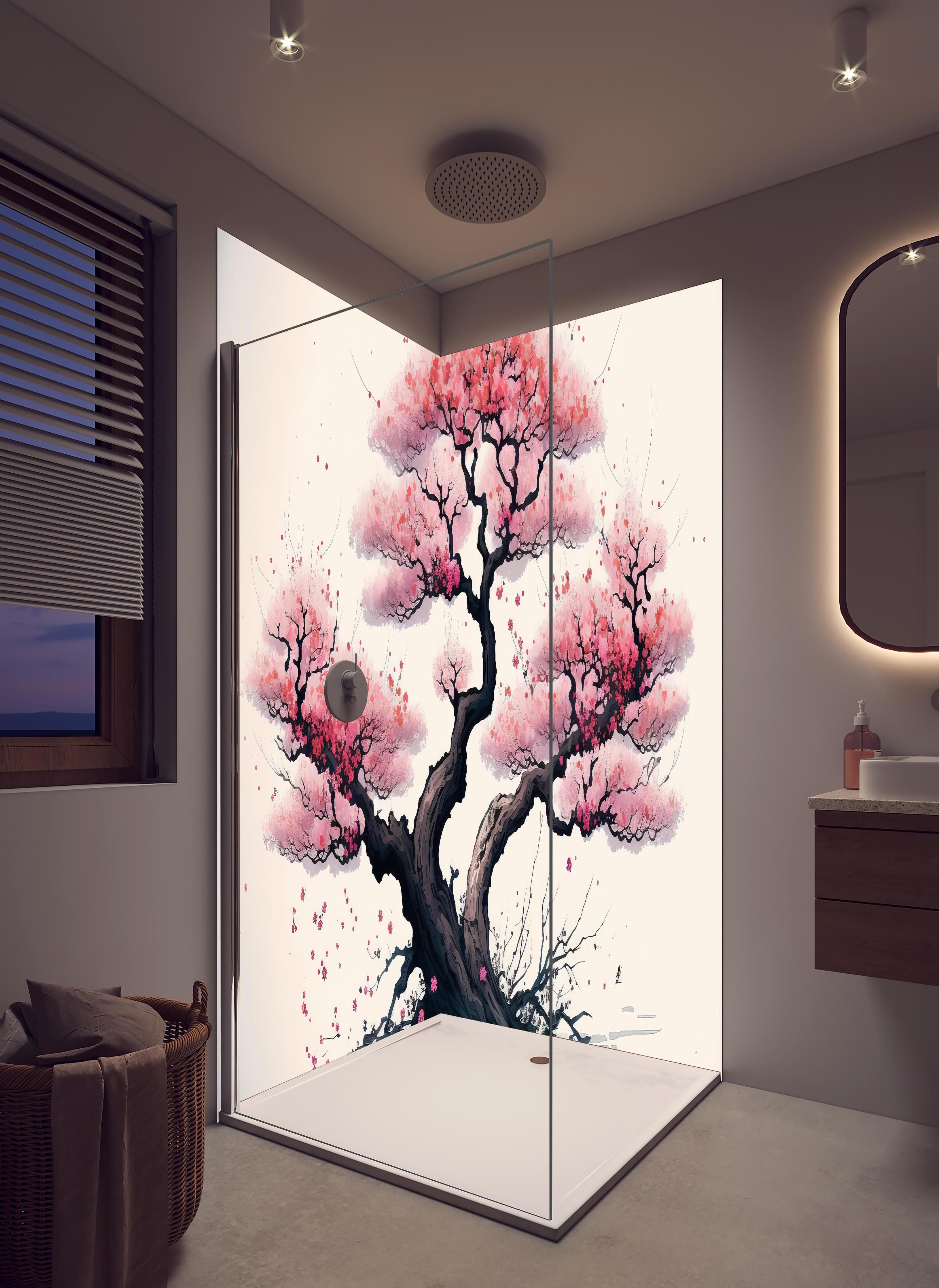 Duschrückwand - Aquarell Sakura Baum in Blüte in hellem Badezimmer mit Regenduschkopf  - zweiteilige Eck-Duschrückwand