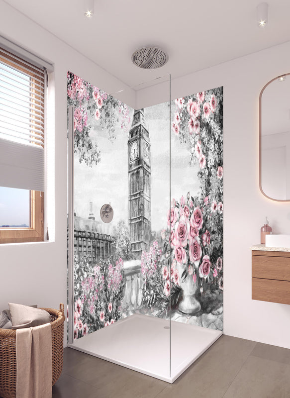Duschrückwand - Aquarell des Big Ben in hellem Badezimmer mit Regenduschkopf  - zweiteilige Eck-Duschrückwand