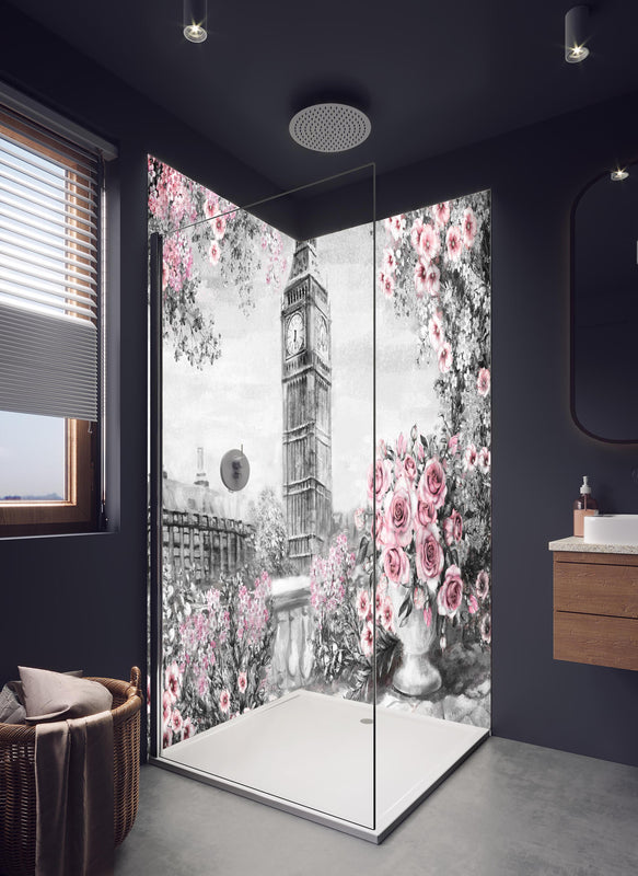 Duschrückwand - Aquarell des Big Ben in hellem Badezimmer mit Regenduschkopf  - zweiteilige Eck-Duschrückwand